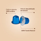 Cápsulas compatibles con Nespresso®. Café Descafeinado Natural al Agua 100% Arábica. 70 Cápsulas
