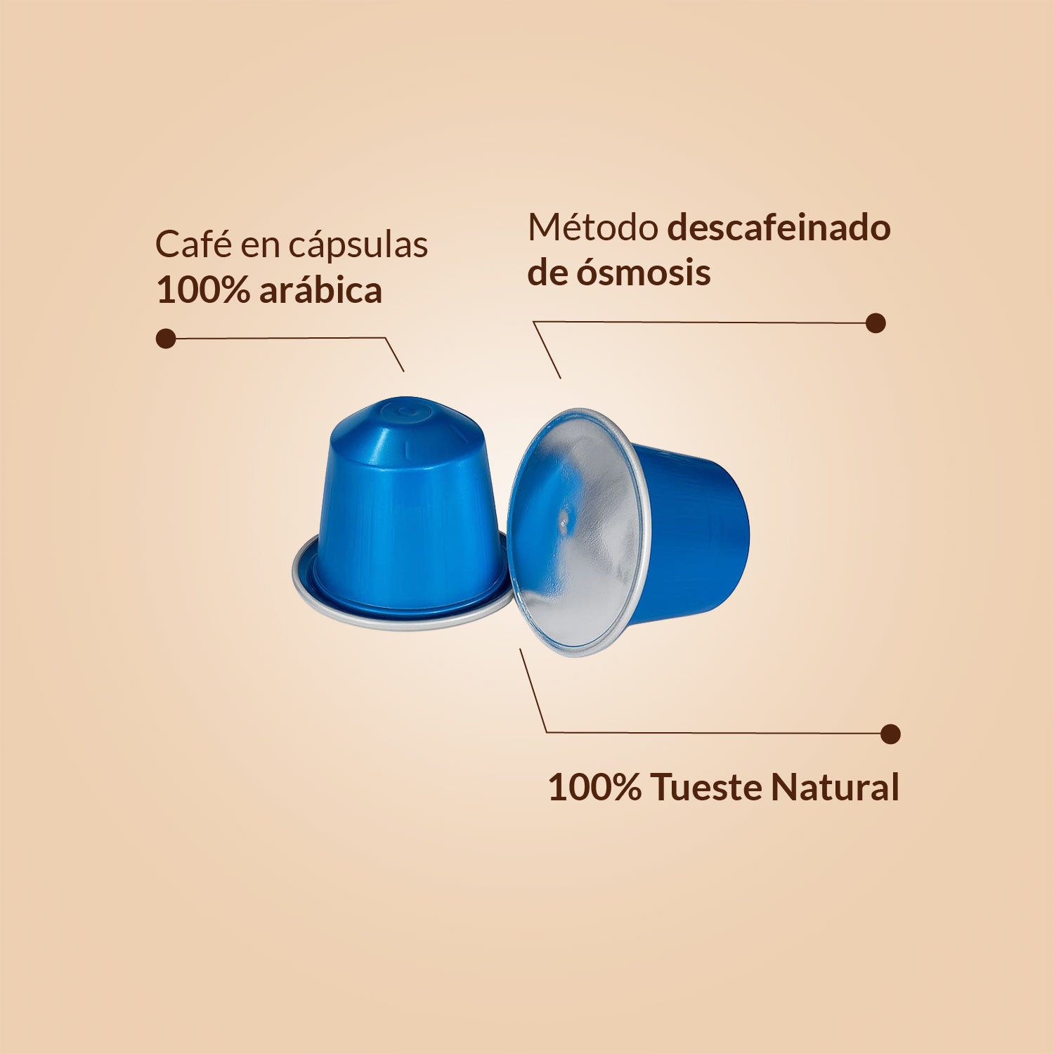 Cápsulas compatibles con Nespresso®. Café Descafeinado Natural al Agua 100% Arábica. 70 Cápsulas